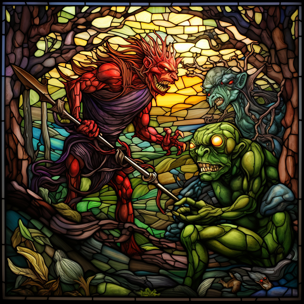 Green-skinned goblin defeating worm monster in mosaic