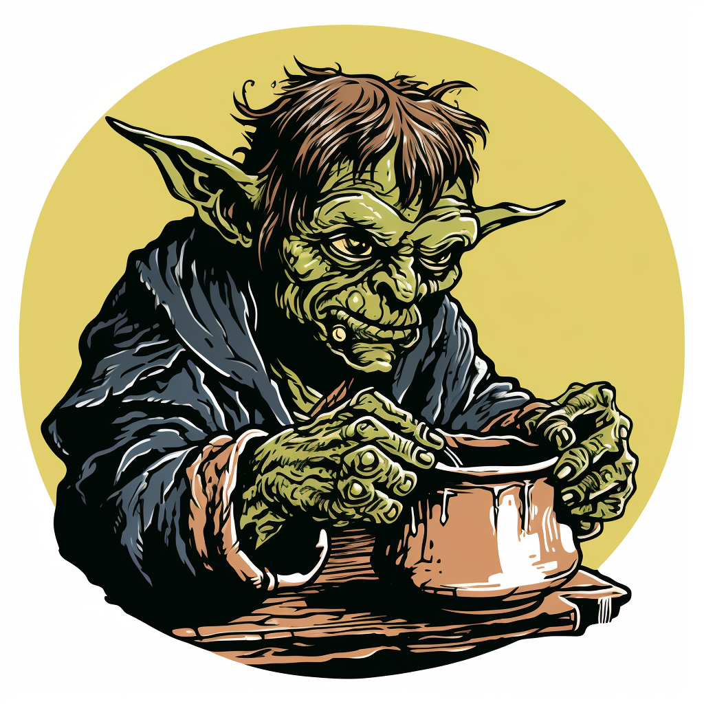 Goblin enjoying soup from a can