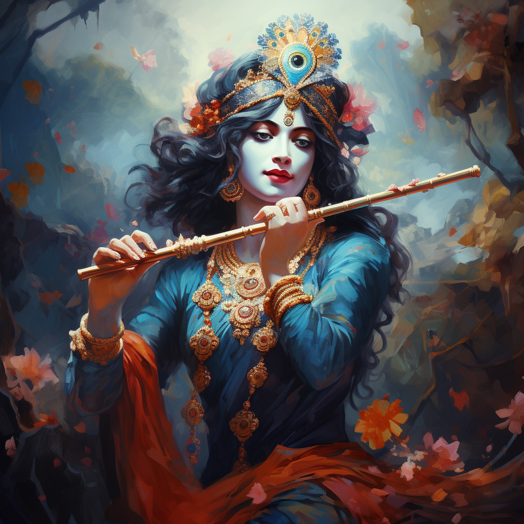 Beautiful God Krishna playing the flute