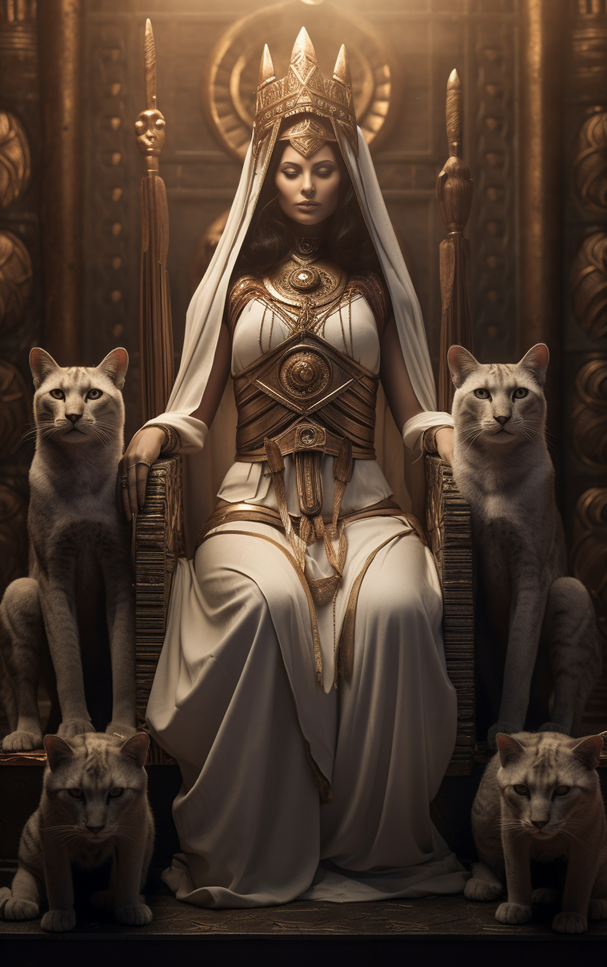 The goddess Bastet surrounded by cats