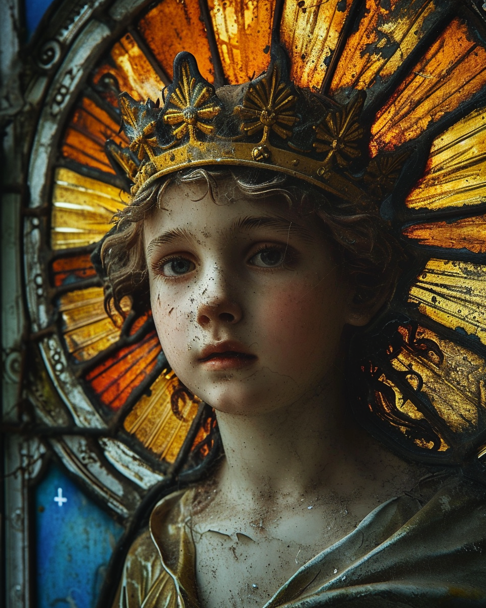 Beautiful boy wearing a goddess halo crown and crown sunburst in stained glass.