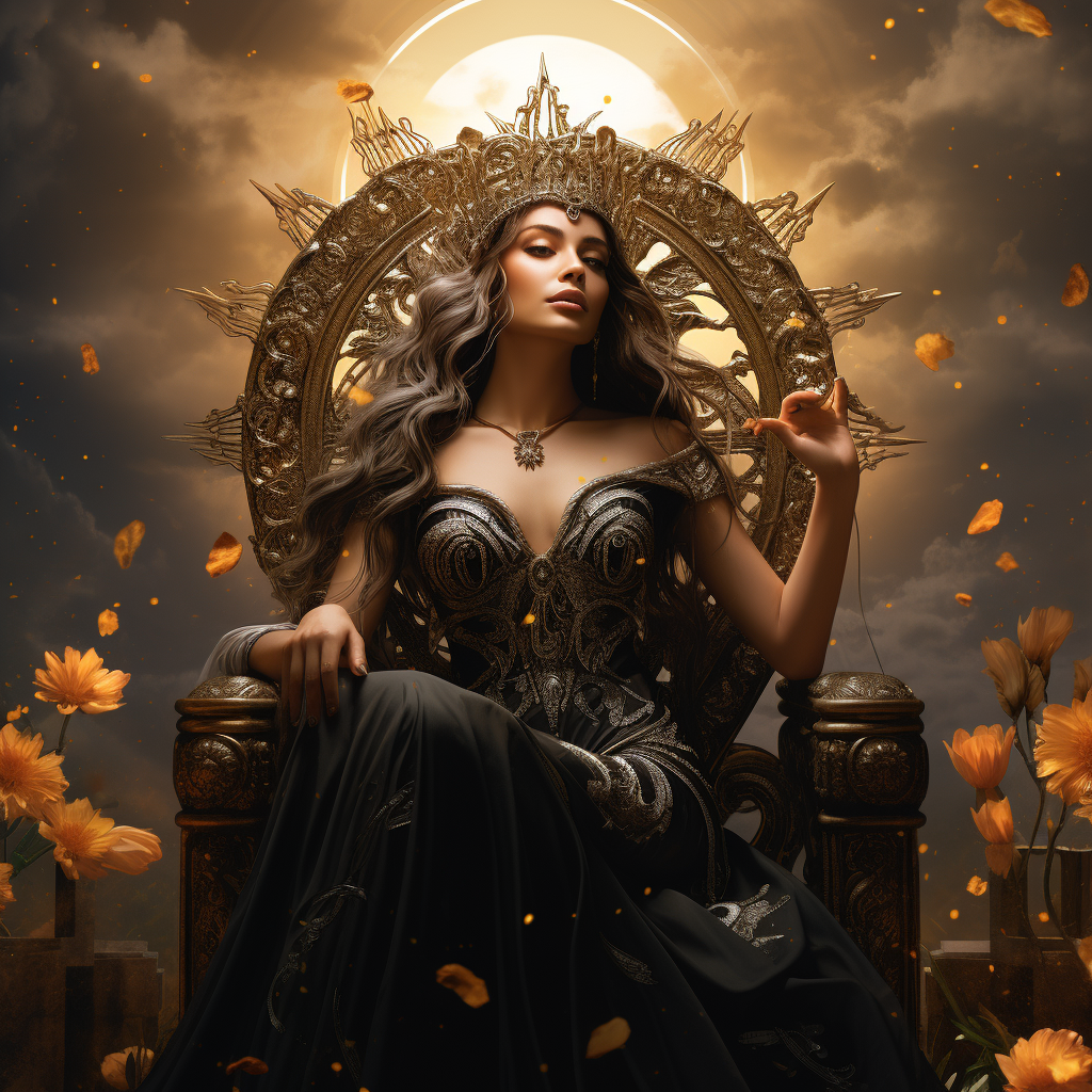 Goddess in Black Shimmering Dress on Throne