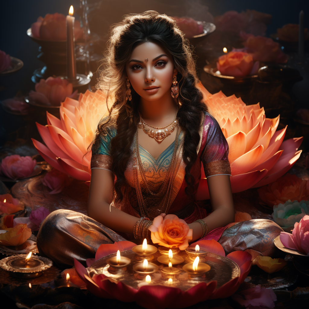 Goddess Lakshmi on Lotus with Diya