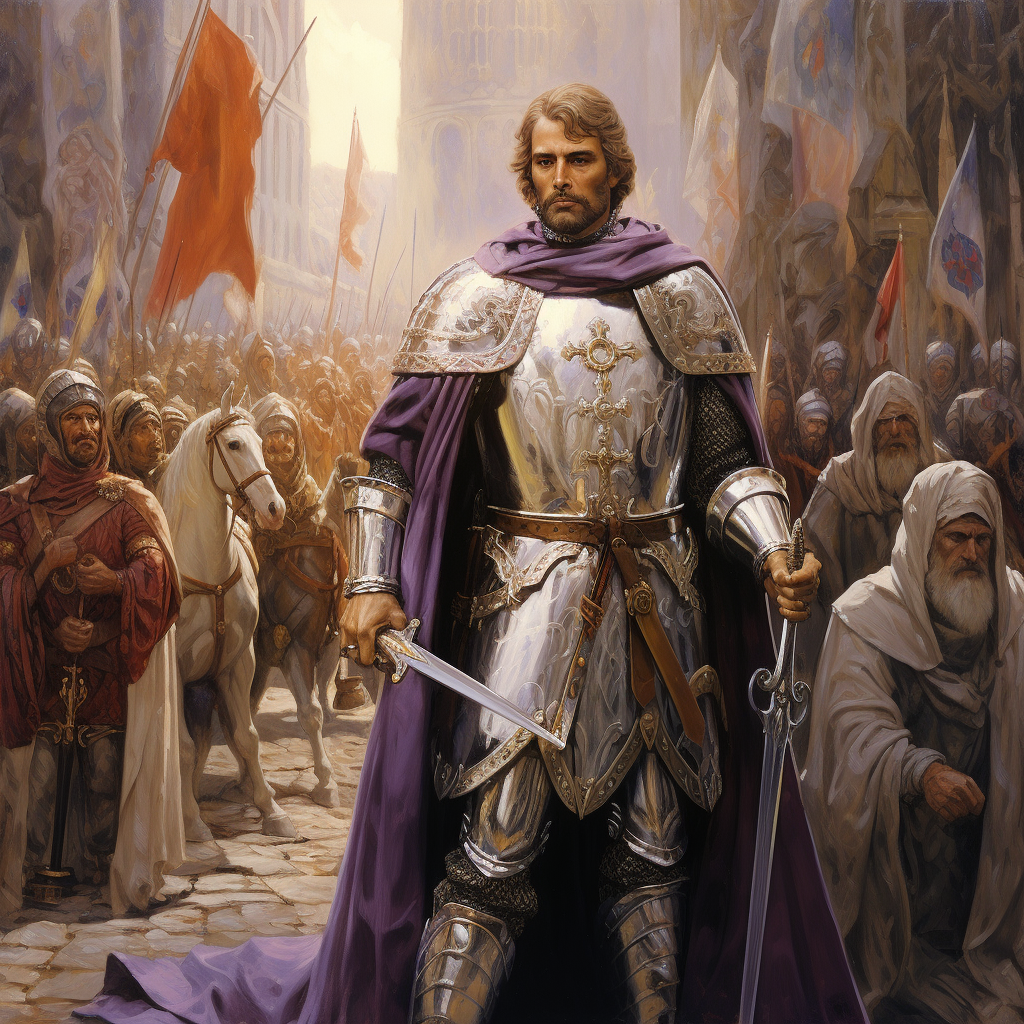 Godfrey of Bouillon in white gold armor leading his Templar army