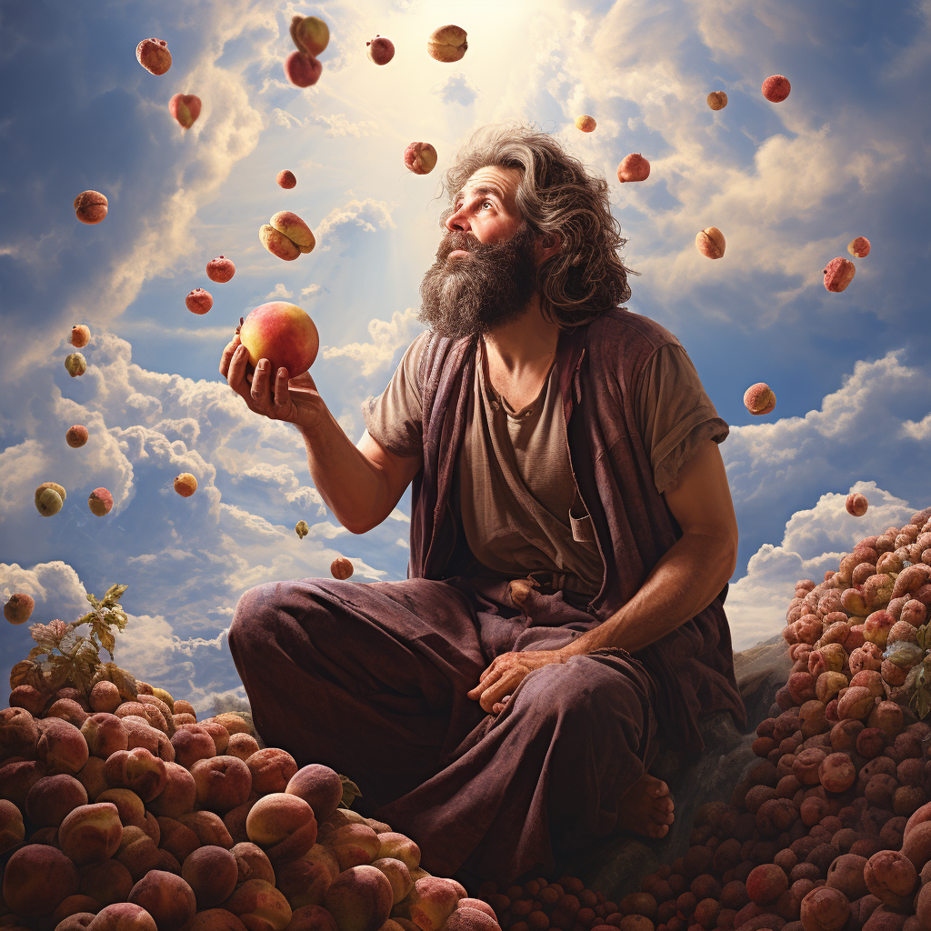 Godlike man enjoying delicious figs in the sky