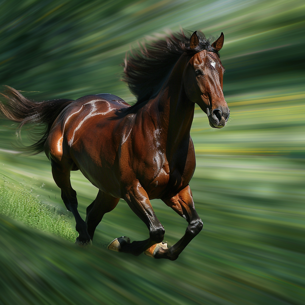 Brown stallion racing in nature