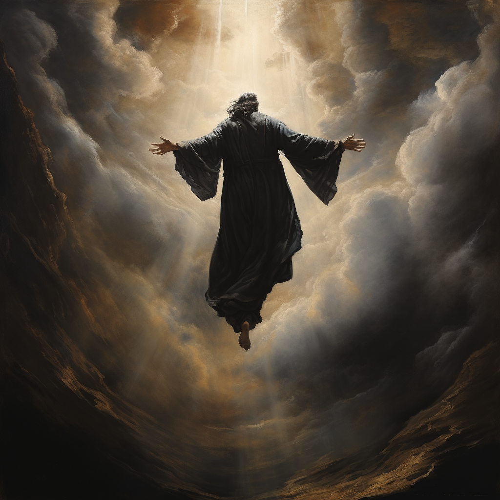 Man in black robe reaching towards the sky