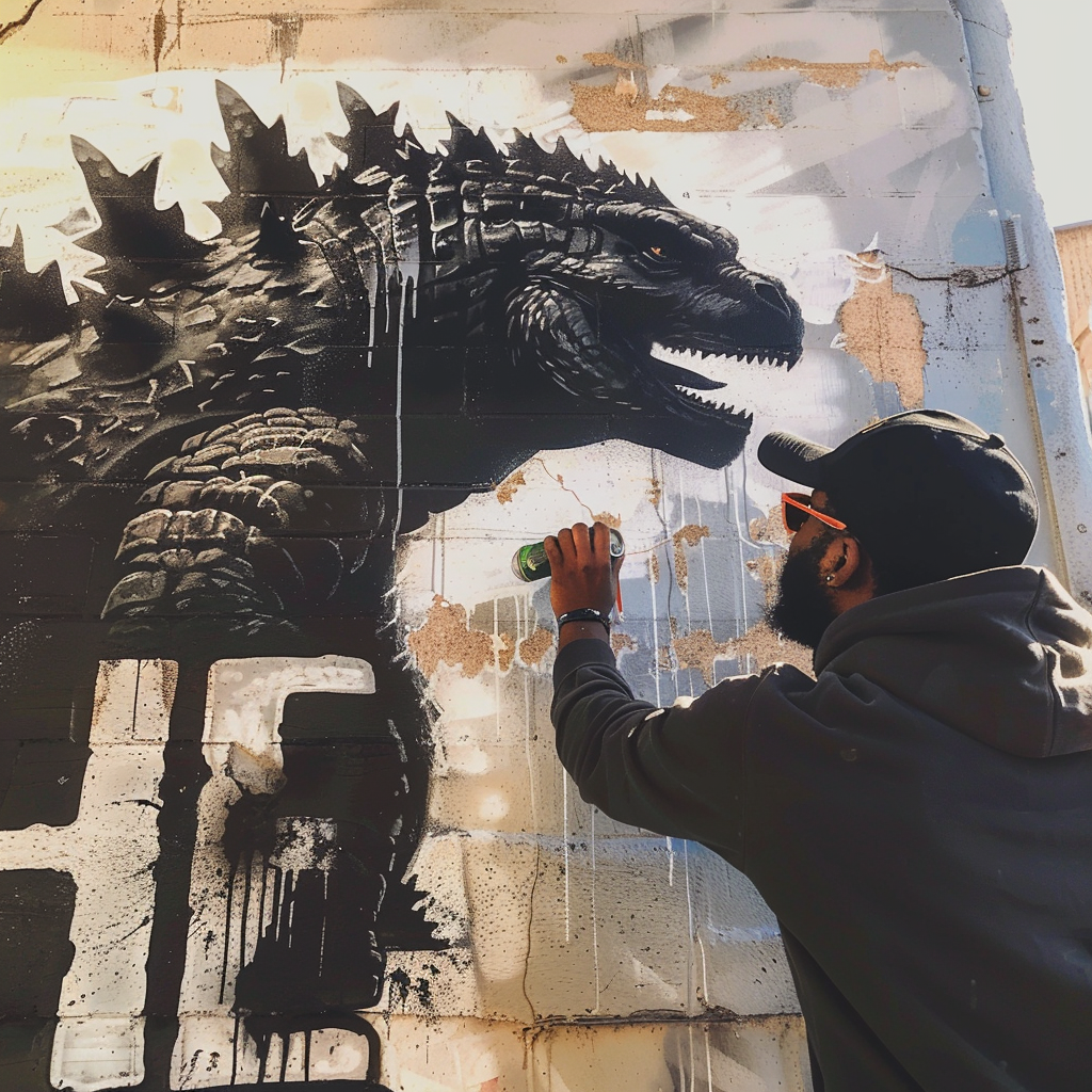 Godzilla graffiti artist spray painting