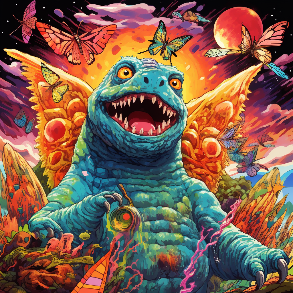 Happy Godzilla Mothra friends psychedelic wonderland