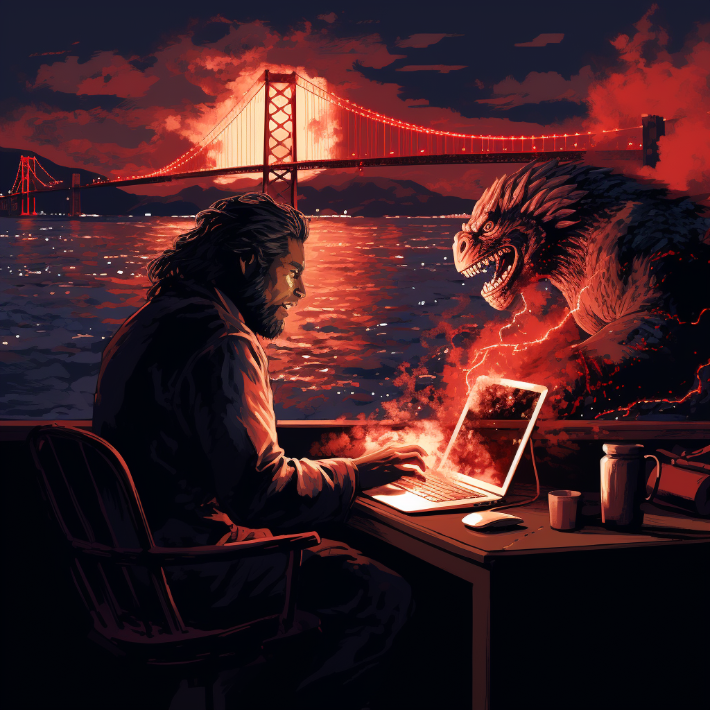 Godzilla working on his Macbook Pro