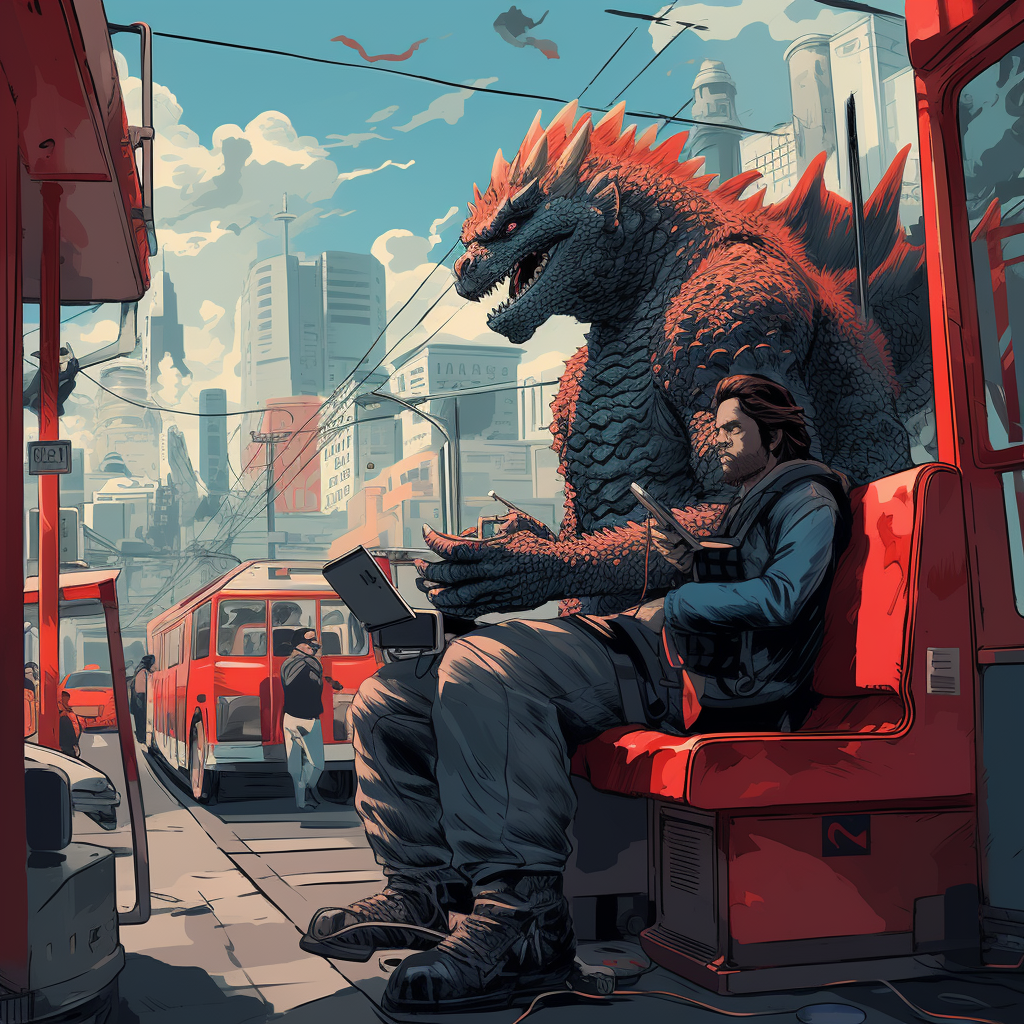 Illustration of Godzilla working on laptop in San Francisco