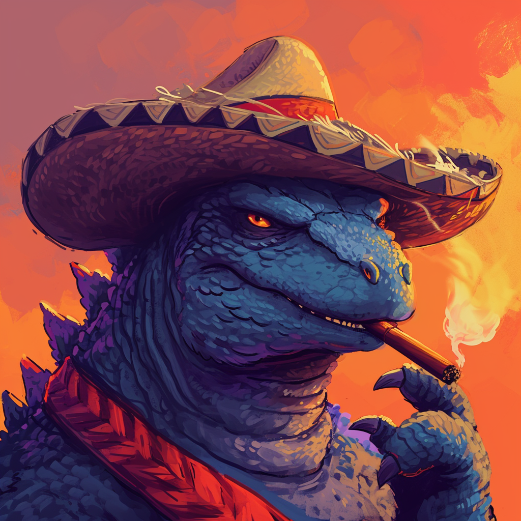 Godzilla wearing sombrero and smoking cigar