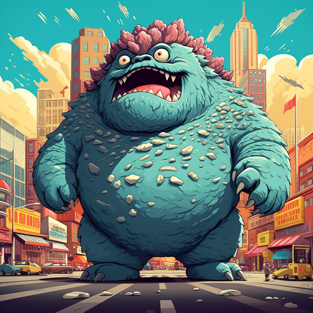 Adorable chubby Godzilla in cartoony style