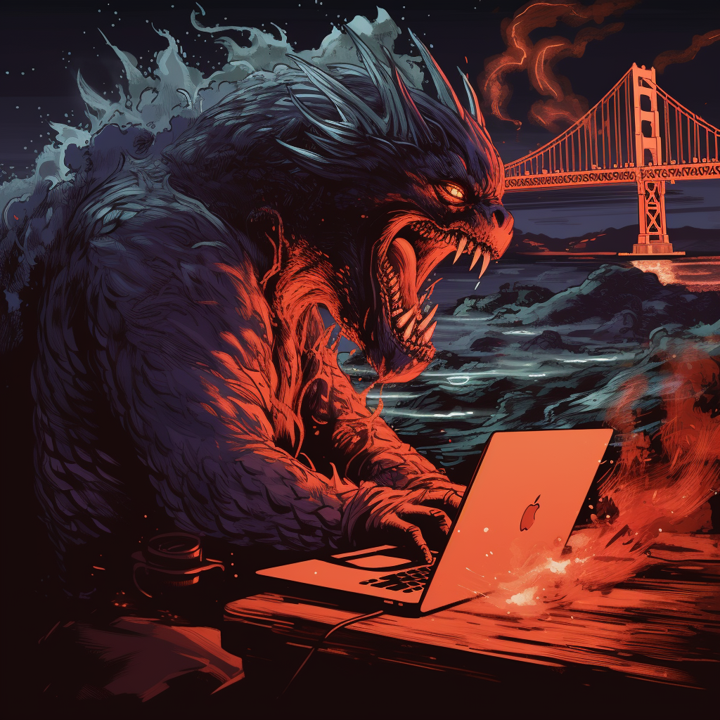 Highly detailed manga-style illustration of Godzilla with a MacBook Pro