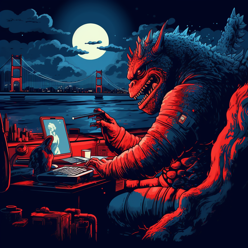 Angry Godzilla working on computer