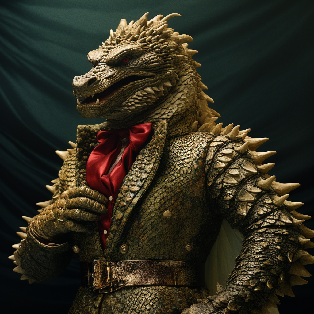 Fashionable Godzilla wearing Gucci attire