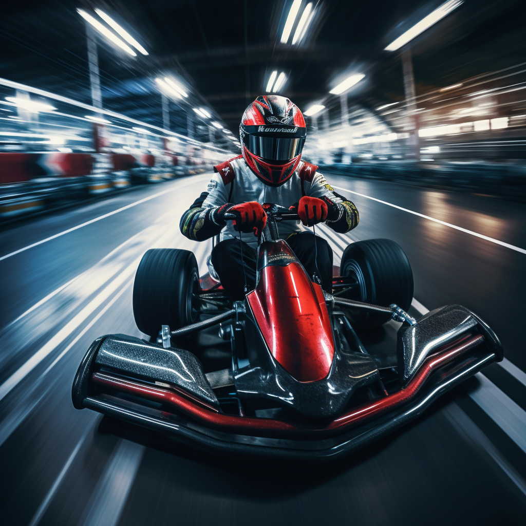 Gokarting driver navigating curves with focus