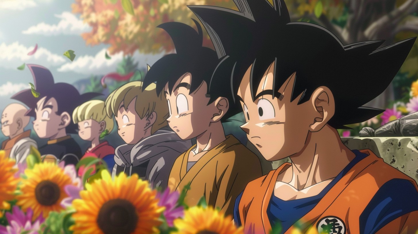 Goku and friends mourning at tombstone