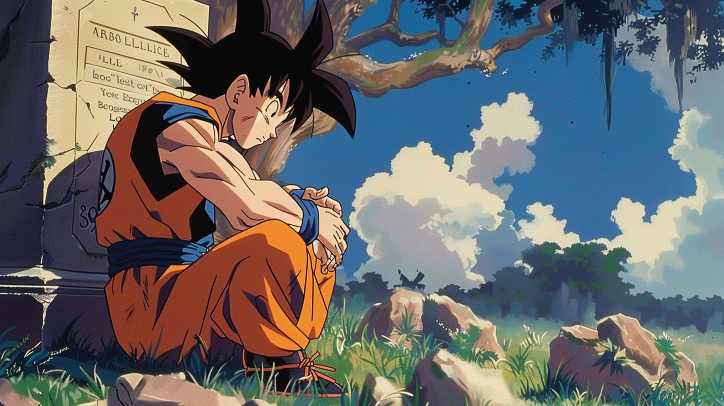 Sad Son Goku Mourns Tombstone