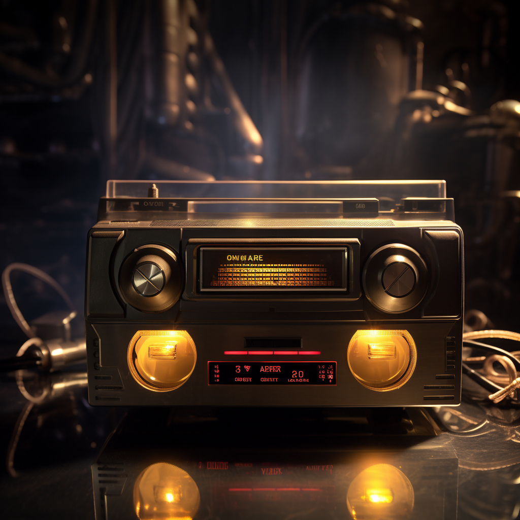 Golden microchip on alien ship embedded in cassette player