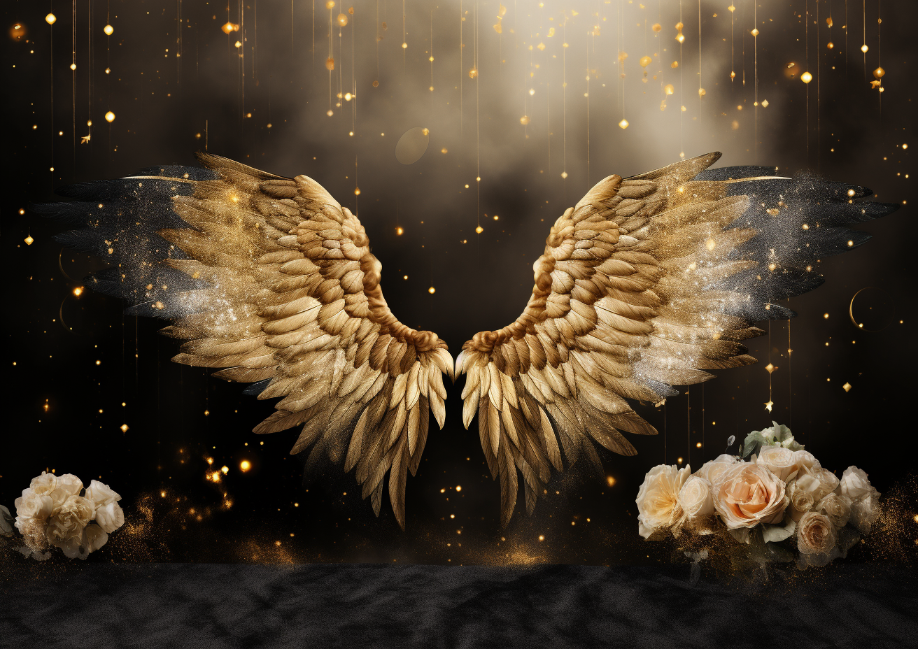 Golden angel wings with flowers and sparkles