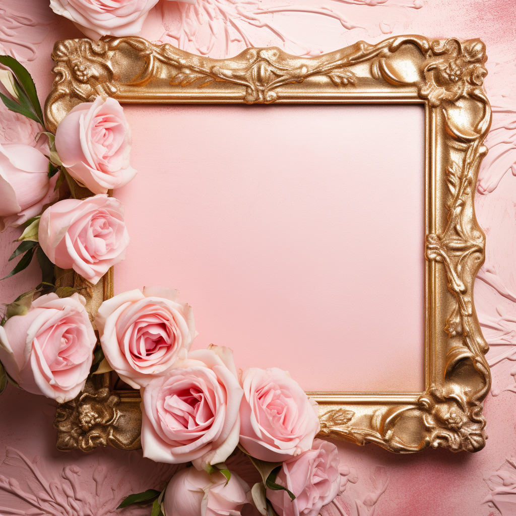 Gold antique frame and pink roses