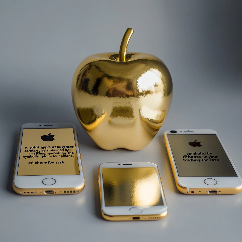 Gold Apple surrounded by iPhones