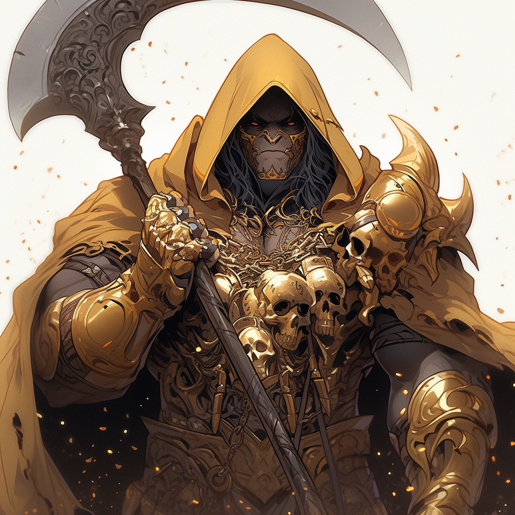 Powerful gold armored man with scythe