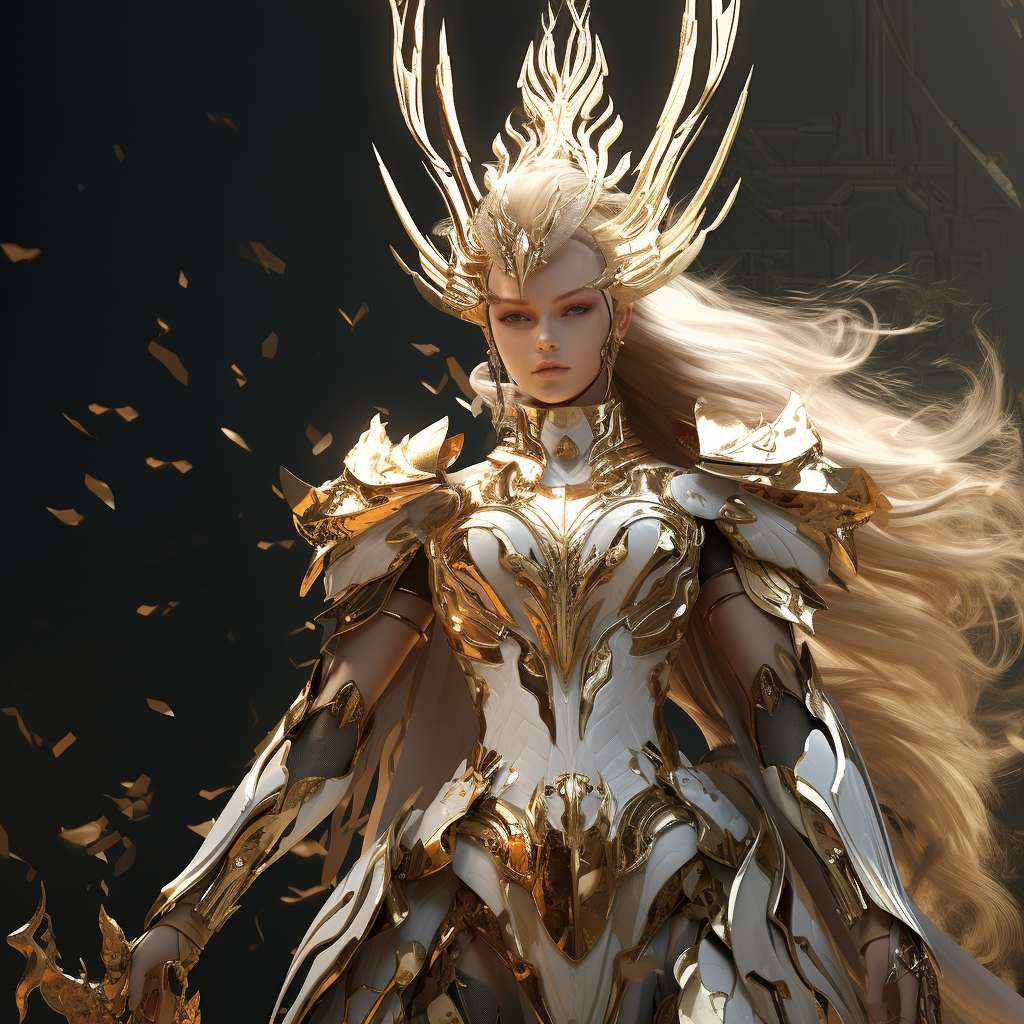 Beautiful woman in golden armor with scepters