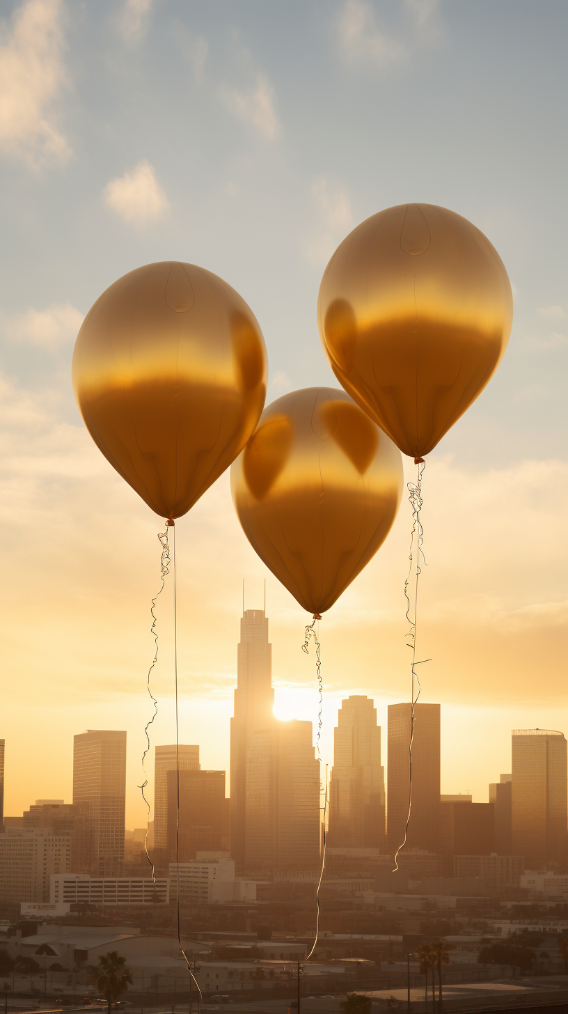 gold balloons downtown Los Angeles sunset