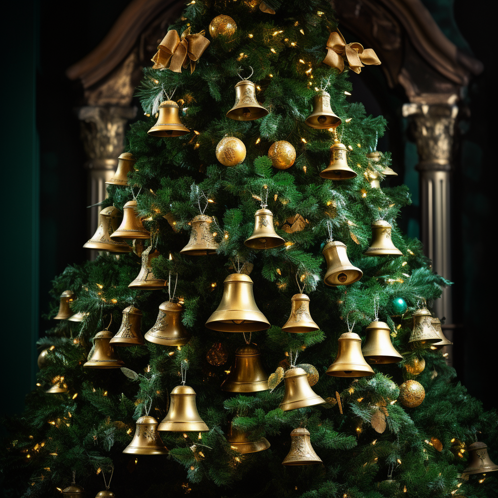 Gold bells hanging on a Christmas tree