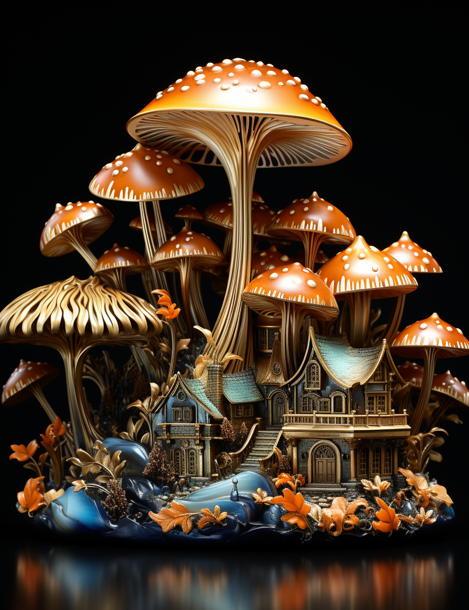 Intricate gold fairy homes amidst autumn leaves and magnolia gardens