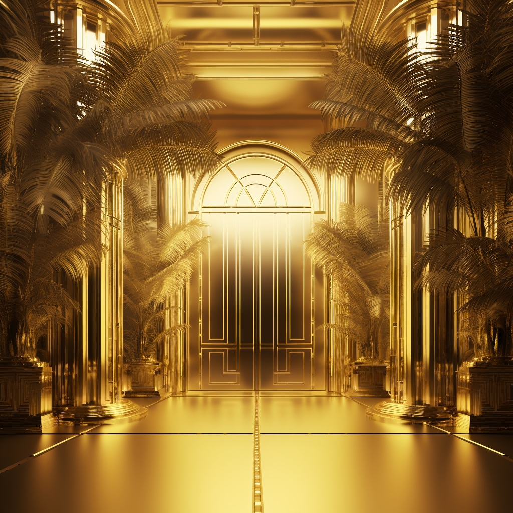 Cinematic gold room with 3D door and grey shaded palm tree leaves