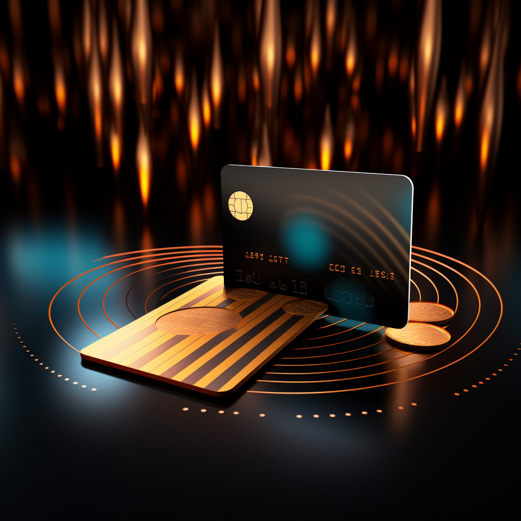 Gold Circle Coin Falling on Bank Card with Glow Stripes