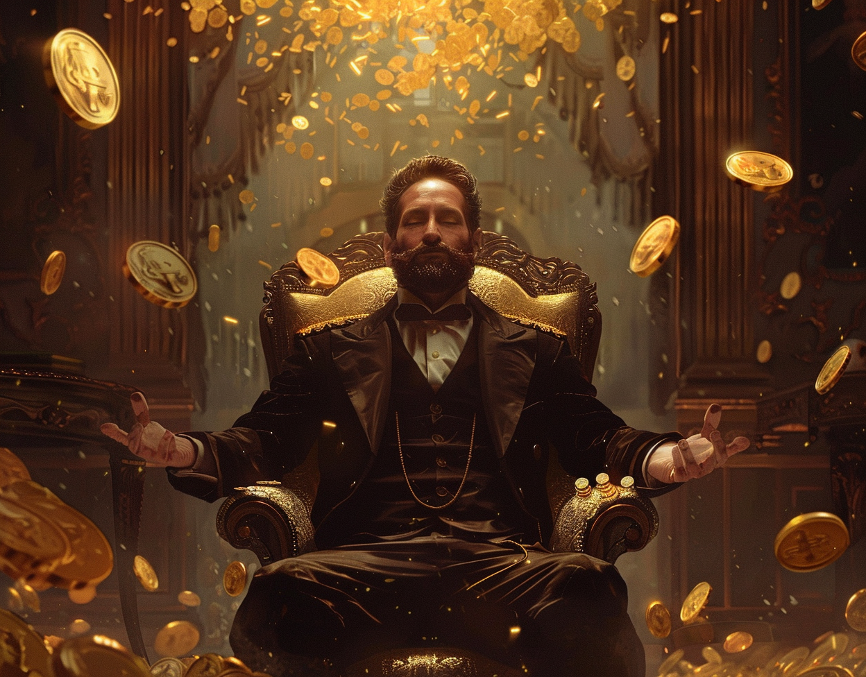 Well-dressed man surrounded by gold coins