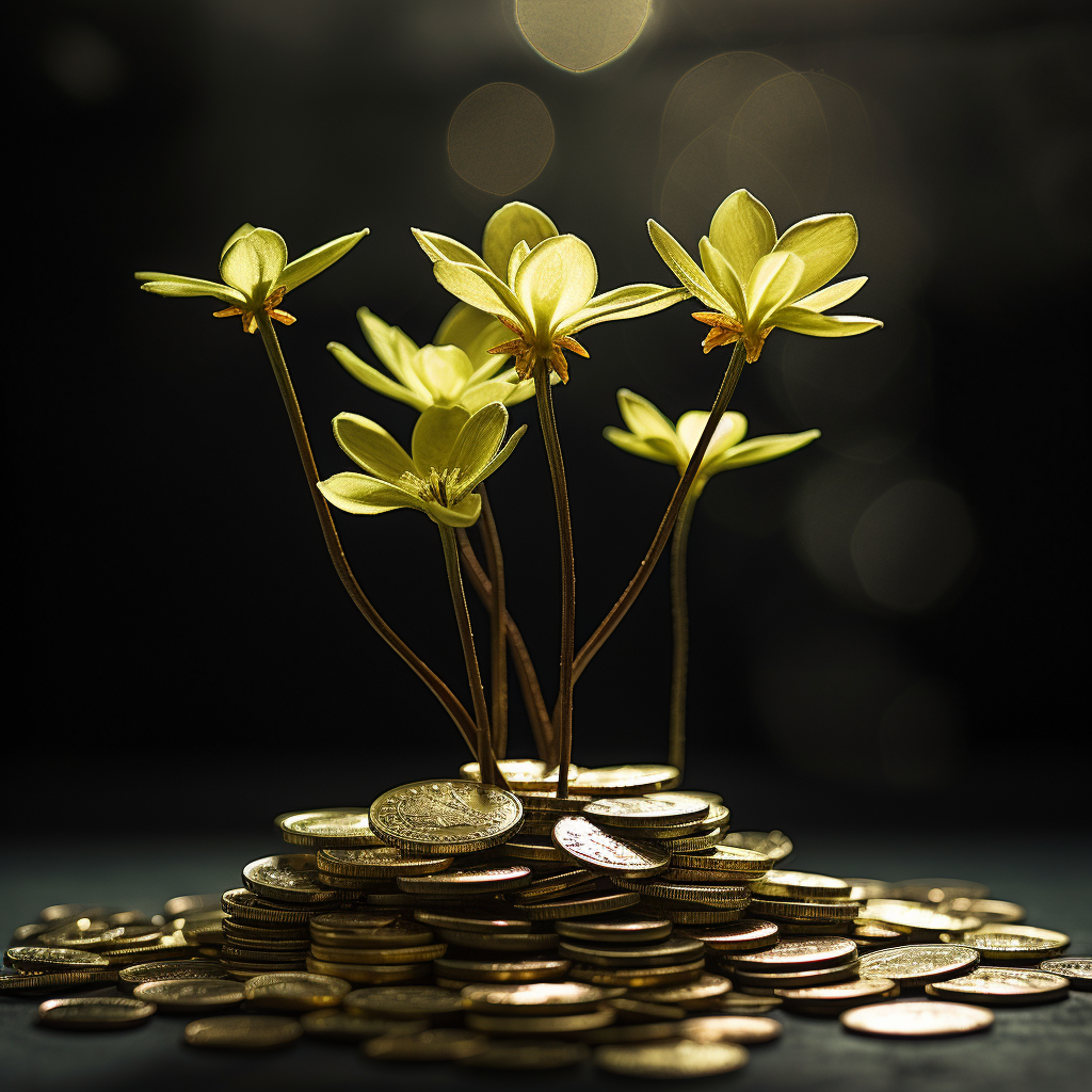 Gold coins sprouting from flower