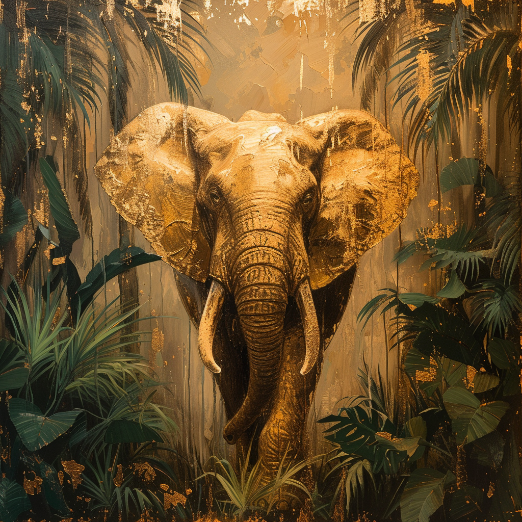 Golden elephant in jungle painting