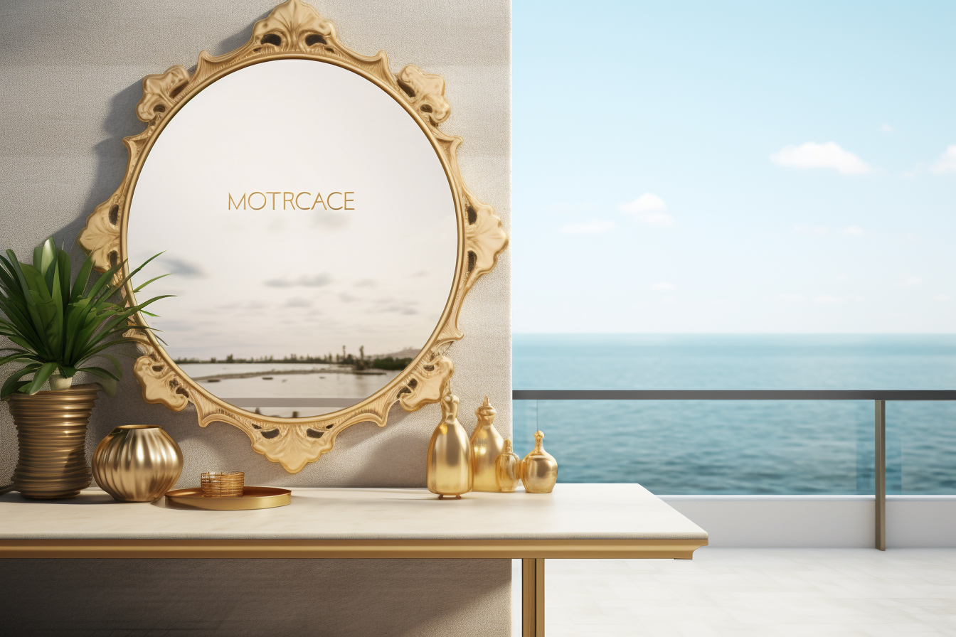 Gold frame mirror on balcony with sea view