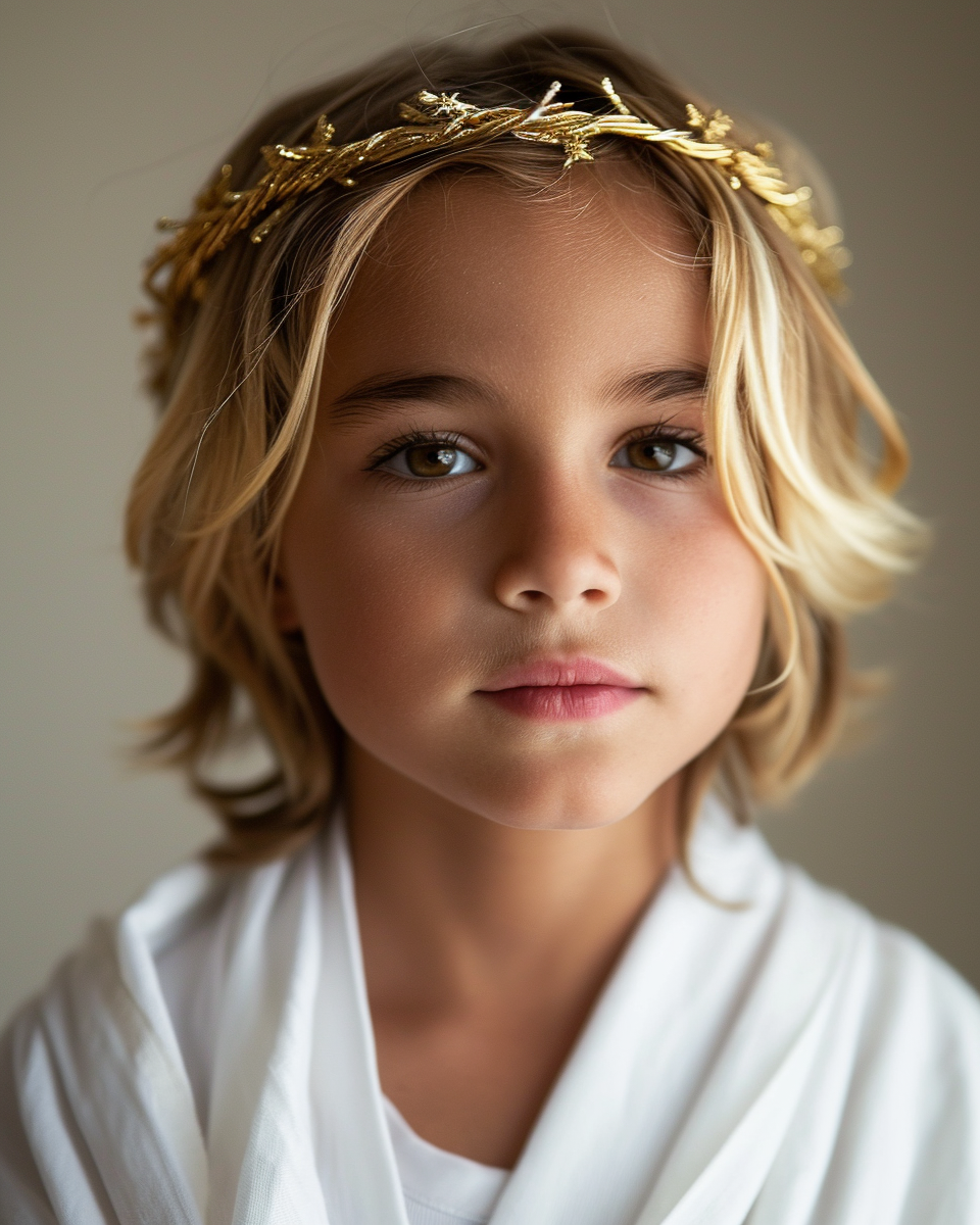 Young boy with a gold halo headband