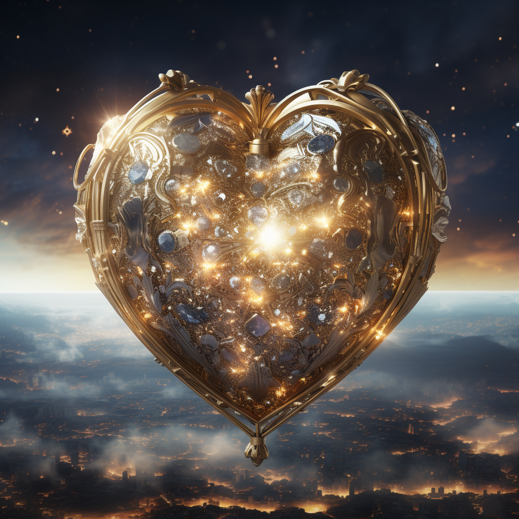 Gold heart-shaped vessel protecting Earth in space