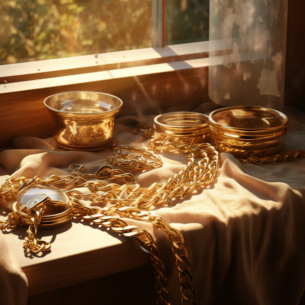 Gold jewelry on windowsill