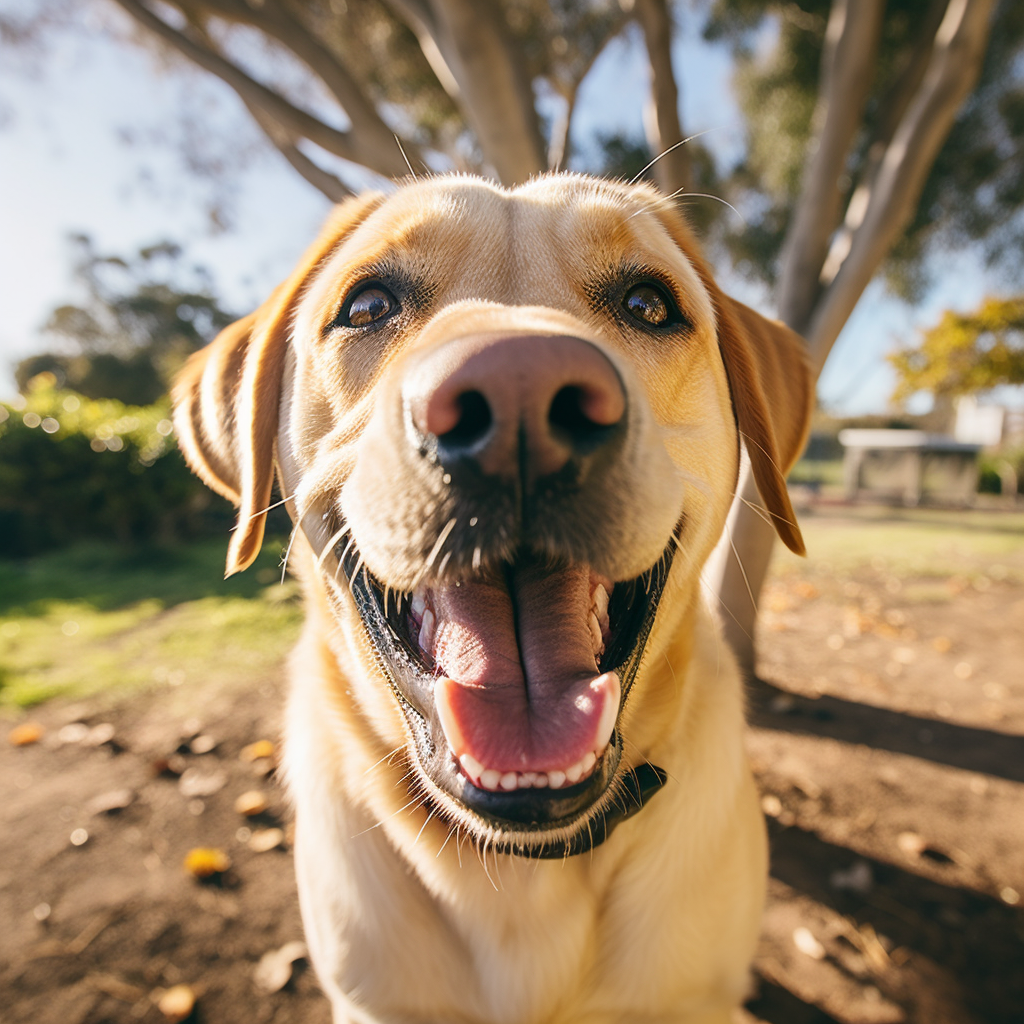 Smiling gold Labrador retriever in natural light