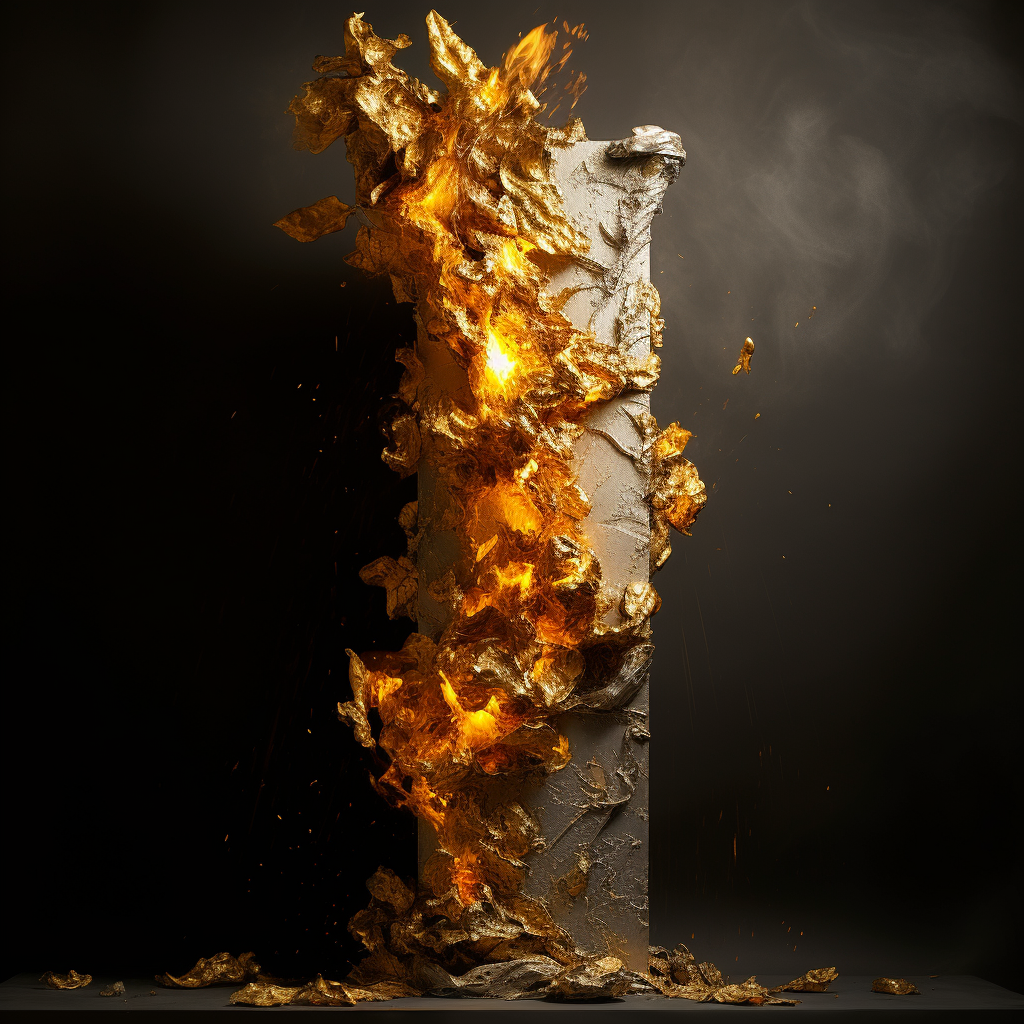 Gold leaves rising from concrete column with fire