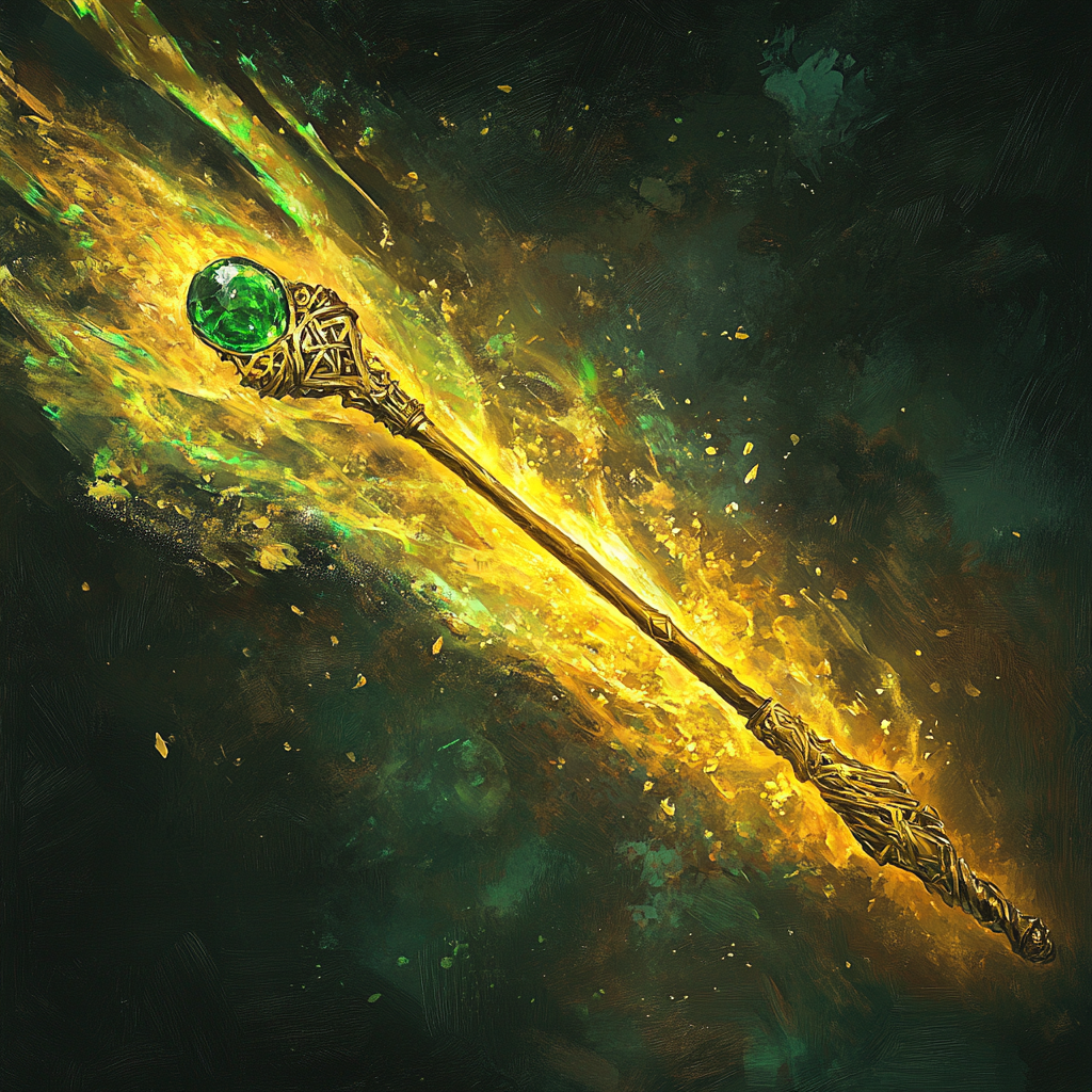 gold magical wand with emerald swings in painting.