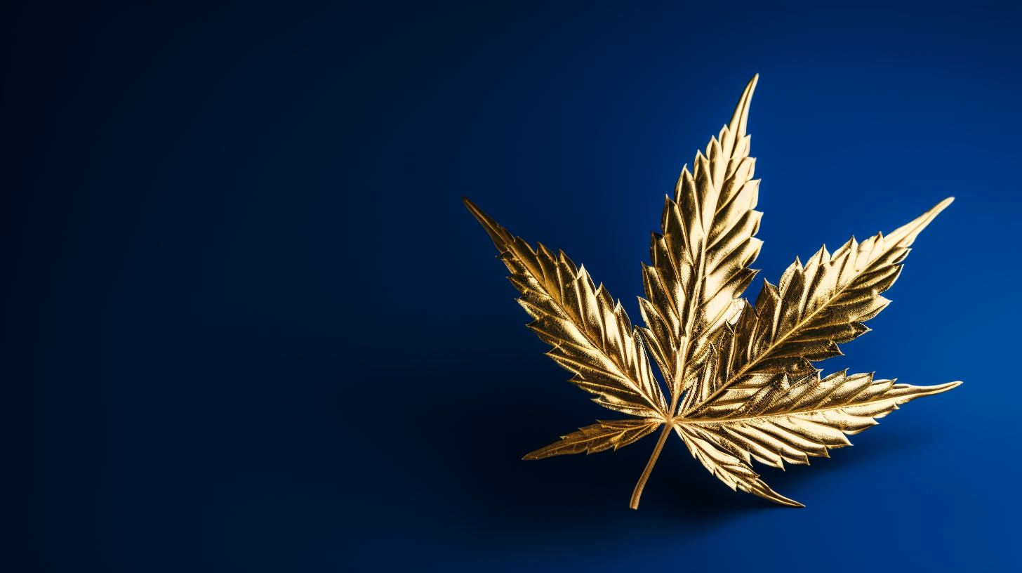 Gold marijuana leaf on blue background