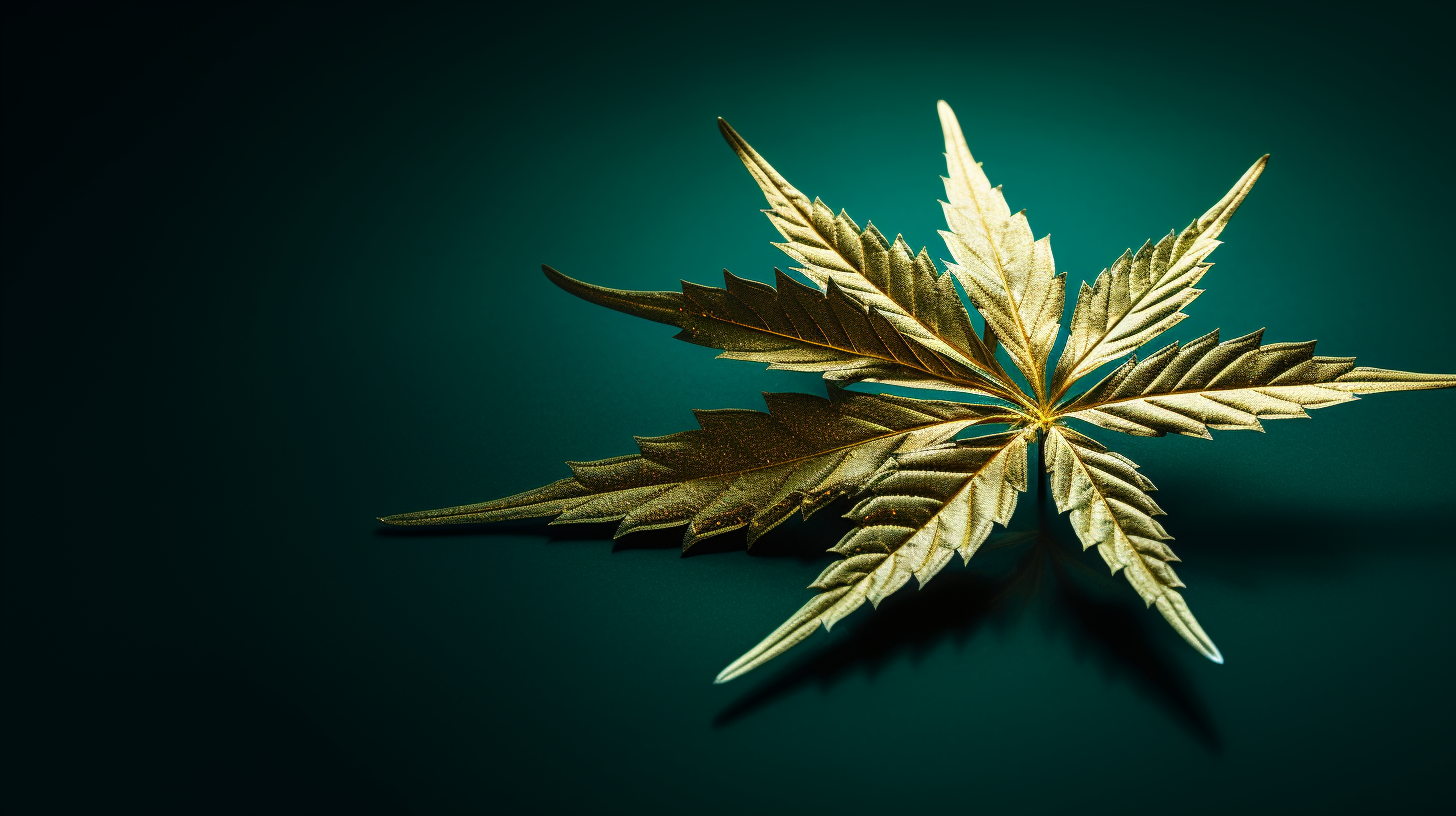 Gold marijuana leaf on emerald background