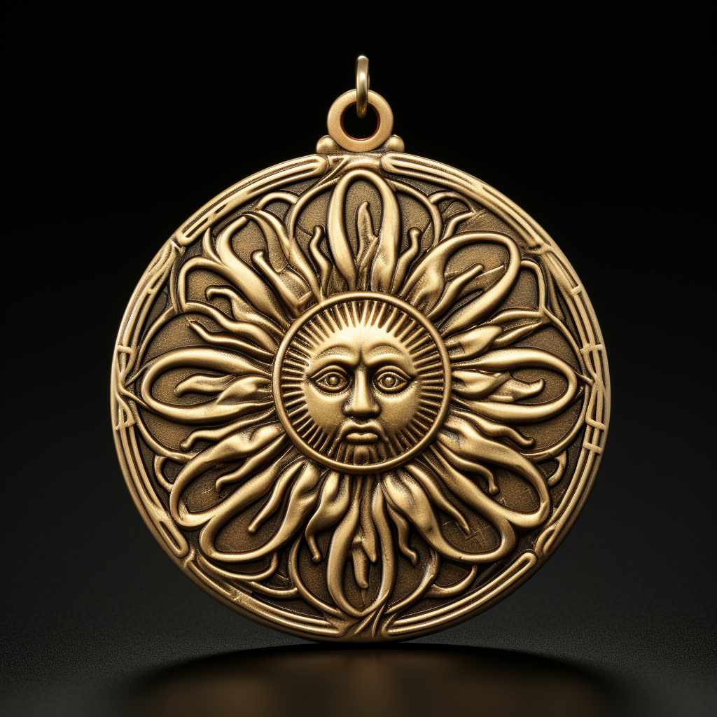 Shiny gold medallion with sun symbol