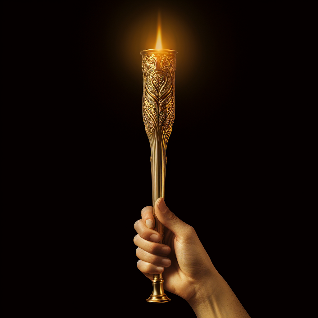 A hand holding a gold metallic art deco torch