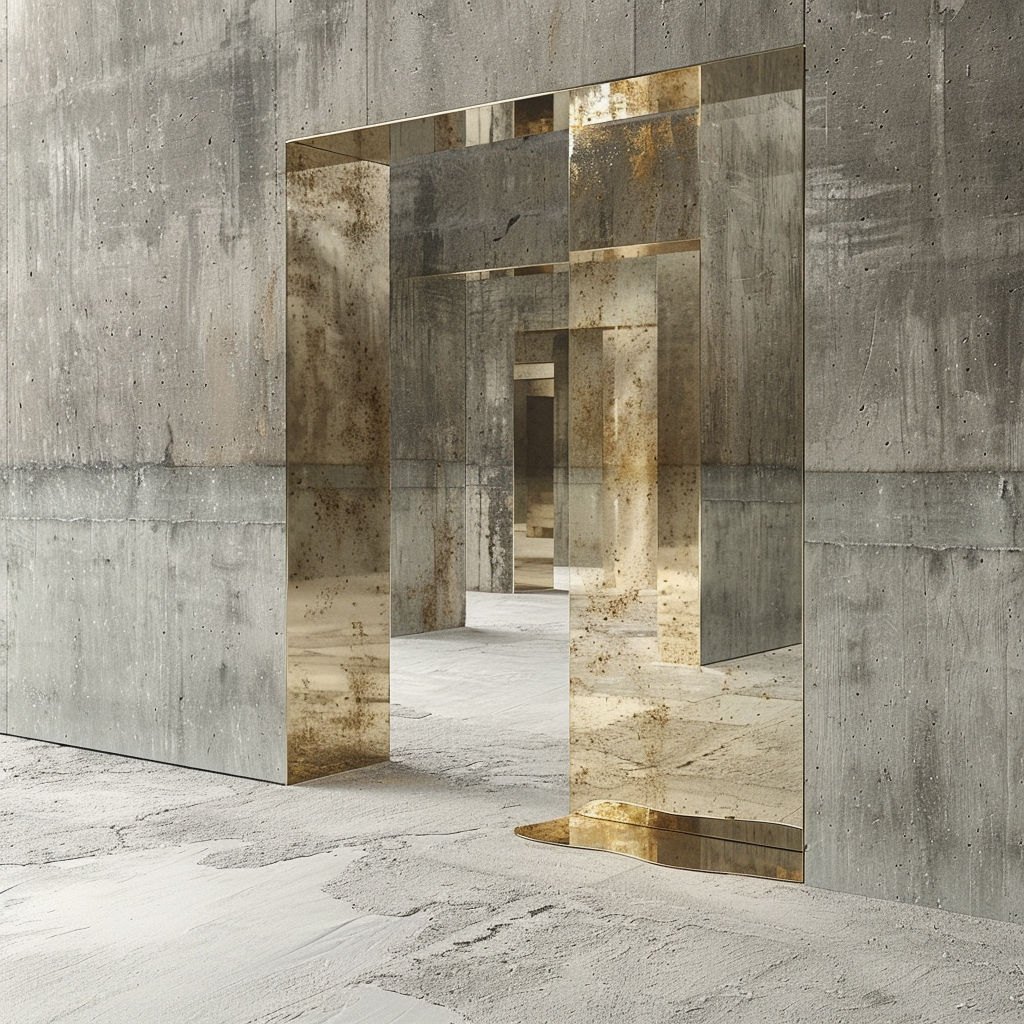 Gold mirrors in concrete room