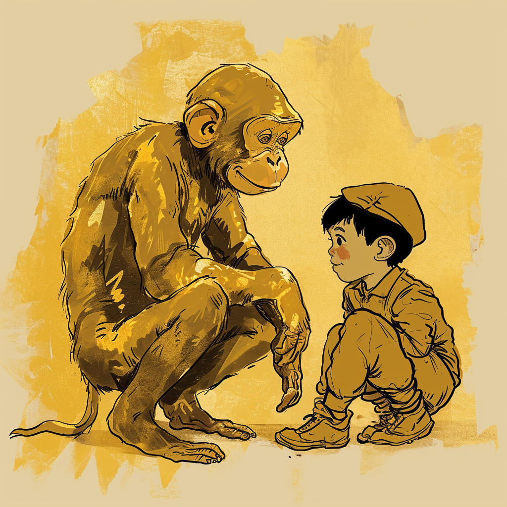 Gold monkey with little human boy